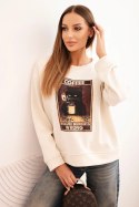 Bluza damska bawełniana z nadrukiem kota i napisem jasno beżowa