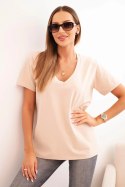 Bluzka damska bawełniana z dekoltem w serek z krótkim rękawem beżowa
