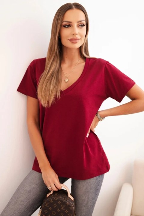 Bluzka damska bawełniana z dekoltem w serek z krótkim rękawem bordowa