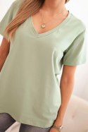 Bluzka damska bawełniana z dekoltem w serek z krótkim rękawem ciemno miętowa