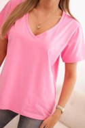 Bluzka damska bawełniana z dekoltem w serek z krótkim rękawem jasno różowa