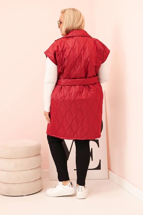 Kamizelka damska Plus Size pikowana z paskiem i kołnierzem bordowa