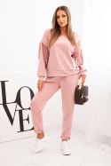 Komplet damski masełkowy z frędzlami na rękawach ciemny pudrowy róż