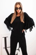Komplet damski masełkowy z frędzlami na rękawach czarny