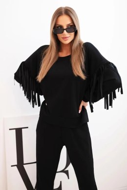 Komplet damski masełkowy z frędzlami na rękawach czarny