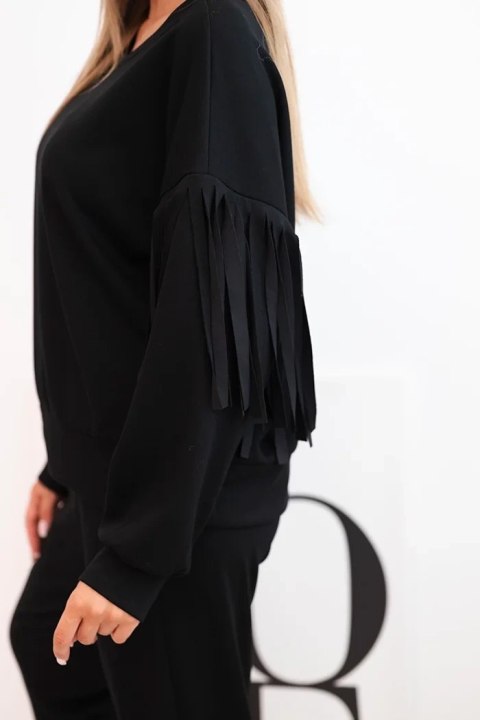 Komplet damski masełkowy z frędzlami na rękawach czarny