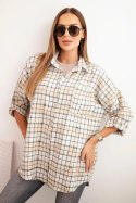 Koszula damska bawełniana w kratę z efektem przetarć beżowa