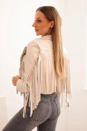 Kurtka damska z eko skóry z frędzlami w stylu boho beżowa
