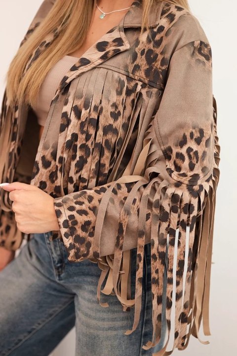 Kurtka damska zamszowa w panterkę z frędzlami fango