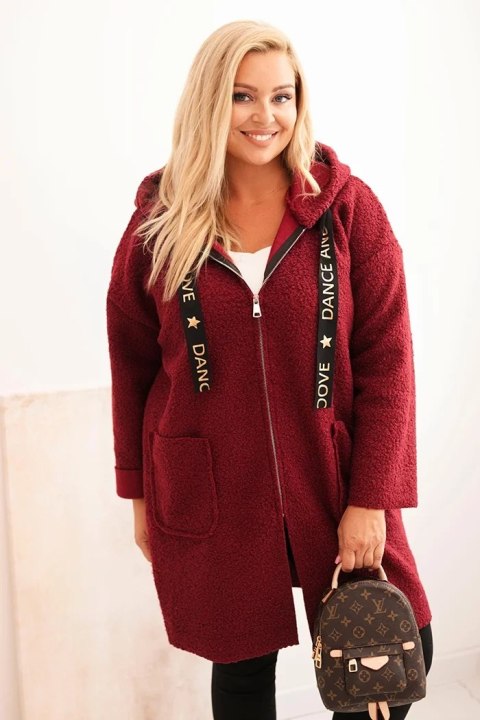 Płaszcz damski Plus Size ze sztucznego baranka z kapturem i kieszeniami bordowy
