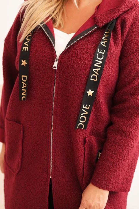 Płaszcz damski Plus Size ze sztucznego baranka z kapturem i kieszeniami bordowy