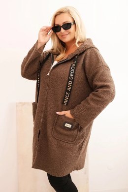 Płaszcz damski Plus Size ze sztucznego baranka z kapturem i kieszeniami brązowy