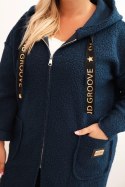Płaszcz damski Plus Size ze sztucznego baranka z kapturem i kieszeniami granatowy