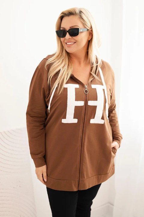 Bluza damska Plus Size bawełniana z kapturem i dużą literą H camelowa