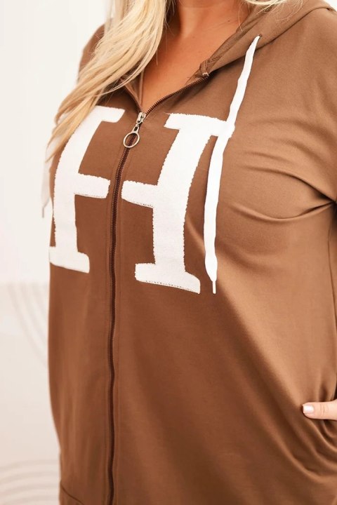 Bluza damska Plus Size bawełniana z kapturem i dużą literą H camelowa