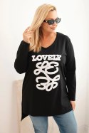 Bluzka damska Plus Size bawełniana z napisem i dekoltem V czarna