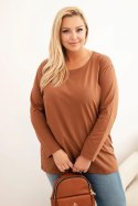 Bluzka damska Plus Size bawełniana z okrągłym dekoltem camelowa