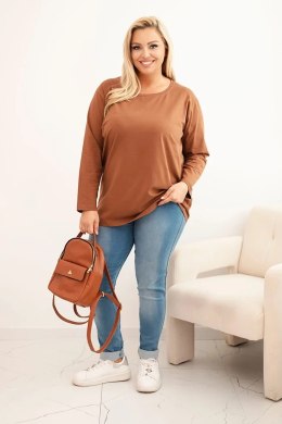 Bluzka damska Plus Size bawełniana z okrągłym dekoltem camelowa