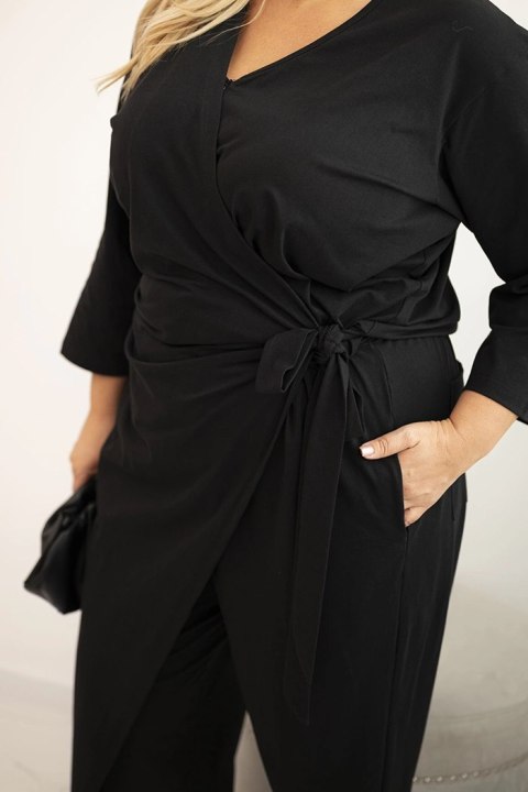 Kombinezon damski bawełniany Plus Size z wiązaniem w pasie i rękawem 3/4 czarny