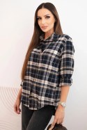 Koszula damska bawełniana w kratę z dłuższym tyłem grafitowa + beżowa