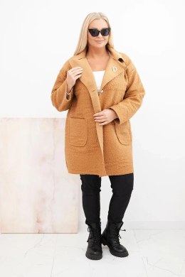 Płaszcz damski Plus Size baranek z wełną i kieszeniami camelowy