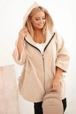 Płaszcz damski Plus Size z kapturem i zamkiem beżowy