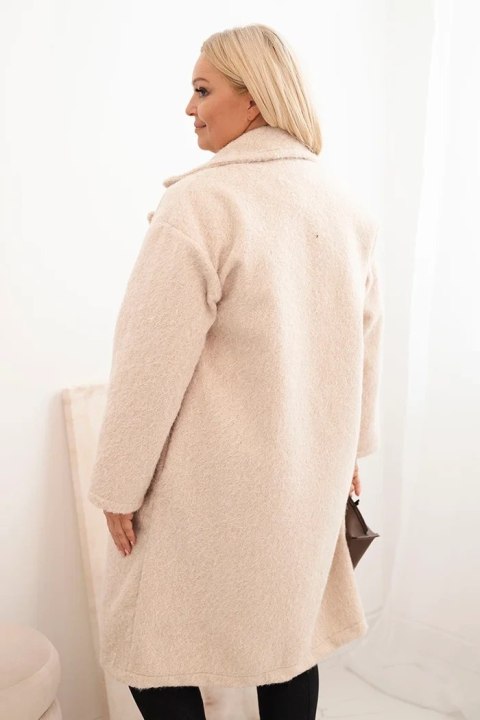 Płaszcz damski Plus Size z wełną i dużym kołnierzem beżowy