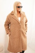 Płaszcz damski Plus Size z wełną i dużym kołnierzem camelowy