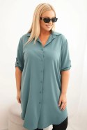 Sukienka damska koszulowa Plus Size z dłuższym tyłem i podwijanym rękawem ciemno miętowa