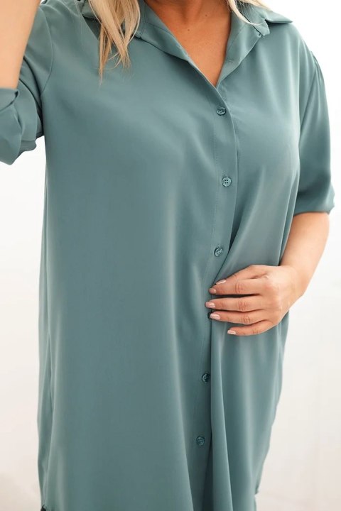 Sukienka damska koszulowa Plus Size z dłuższym tyłem i podwijanym rękawem ciemno miętowa