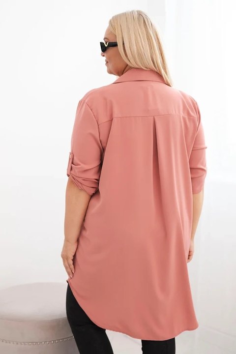 Sukienka damska koszulowa Plus Size z dłuższym tyłem i podwijanym rękawem ciemny pudrowy róż