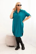 Sukienka damska koszulowa Plus Size z dłuższym tyłem i podwijanym rękawem morska