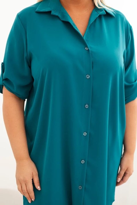 Sukienka damska koszulowa Plus Size z dłuższym tyłem i podwijanym rękawem morska