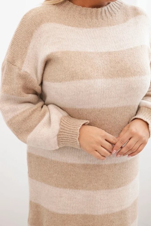 Sukienka damska swetrowa Plus Size w pasy beżowa