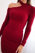 Sukienka damska z dzianiny z długim rękawem i asymetrycznym dekoltem bordowa