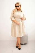 Sukienka damska z eko-skóry Plus Size z paskiem i kołnierzykiem beżowa