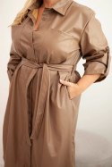 Sukienka damska z eko-skóry Plus Size z paskiem i kołnierzykiem fango