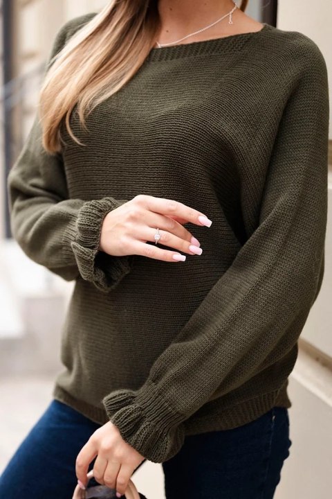 Sweter damska z moheru z marszczonymi rękawami i wycięciem na plecach khaki