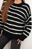 Sweter damski w paski z wełną o luźnym kroju czarny