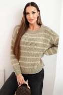 Sweter damski w paski z wełną o luźnym kroju khaki
