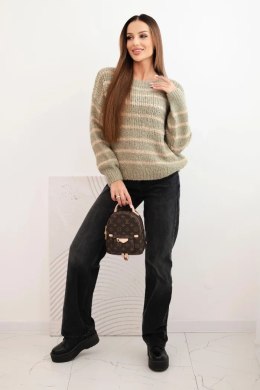 Sweter damski w paski z wełną o luźnym kroju khaki