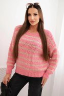 Sweter damski w paski z wełną o luźnym kroju różowy