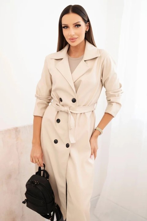 Trencz damski z ekoskóry z paskiem i kołnierzem jasno beżowy