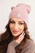 Czapka damska prążkowana z ozdobnym guzikiem z dodatkiem wiskozy i modalu ciemno różowa
