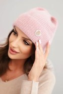 Czapka damska zimowa puszysta z ozdobnym guzikiem pudrowy róż