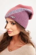 Czapka damska zimowa z puszystej dzianiny z ozdobną aplikacją różowy + ciemno fioletowy