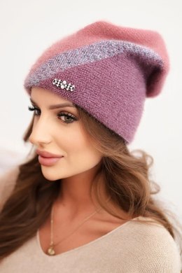Czapka damska zimowa z puszystej dzianiny z ozdobną aplikacją różowy + ciemno fioletowy