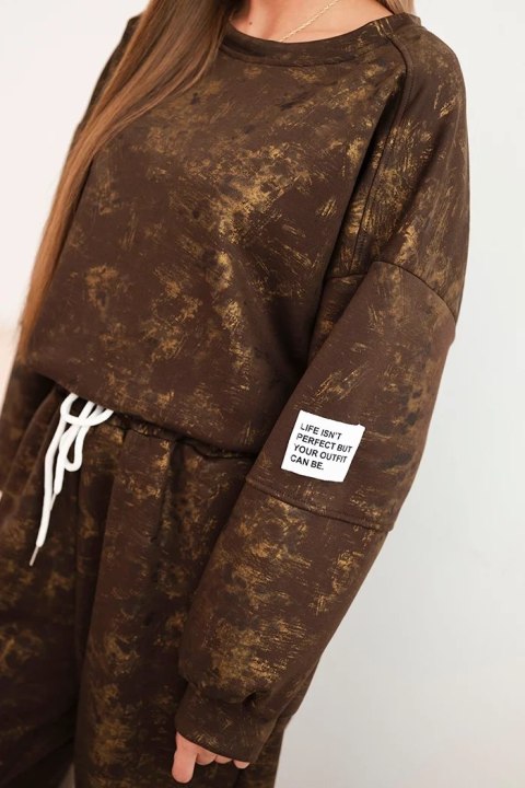 Komplet dresowy damski oversize z wiskozy z wydłużoną bluzą i efektem sprania brązowy