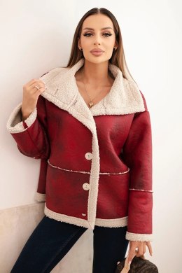 Kurtka damska Plus Size ocieplana z barankiem i guzikami krótki fason bordowa