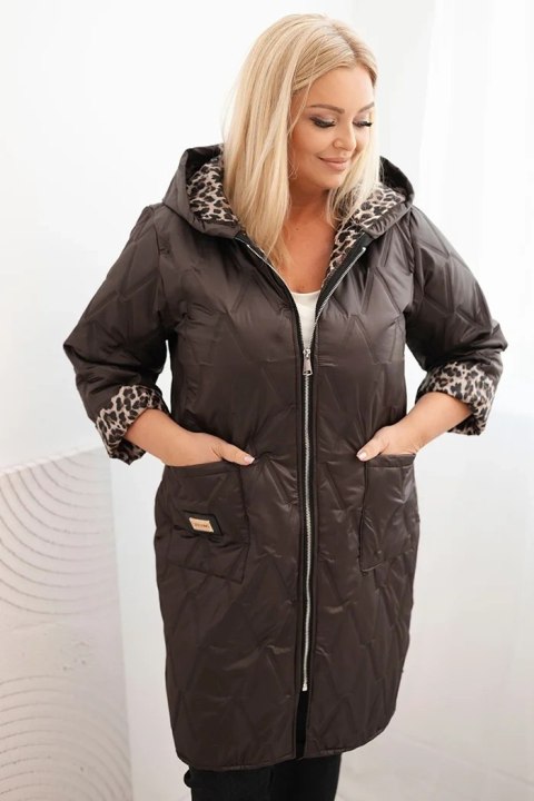 Kurtka damska zimowa pikowana Plus Size z podszewką w panterkę i kapturem brązowa